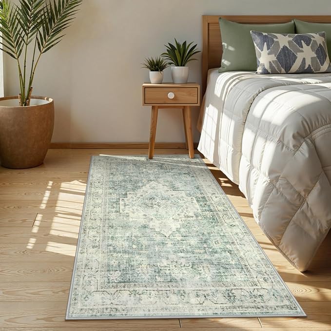 LIVEBOX Entryway Rug 3x5 Washable Area Rugs for Kitchen Bathroom, Non-Slip Front Door Mat for Bedroom, Boho Low-Pile Carpet Farmhouse Throw Indoor Mats for Bath Laundry Room, Sage Green