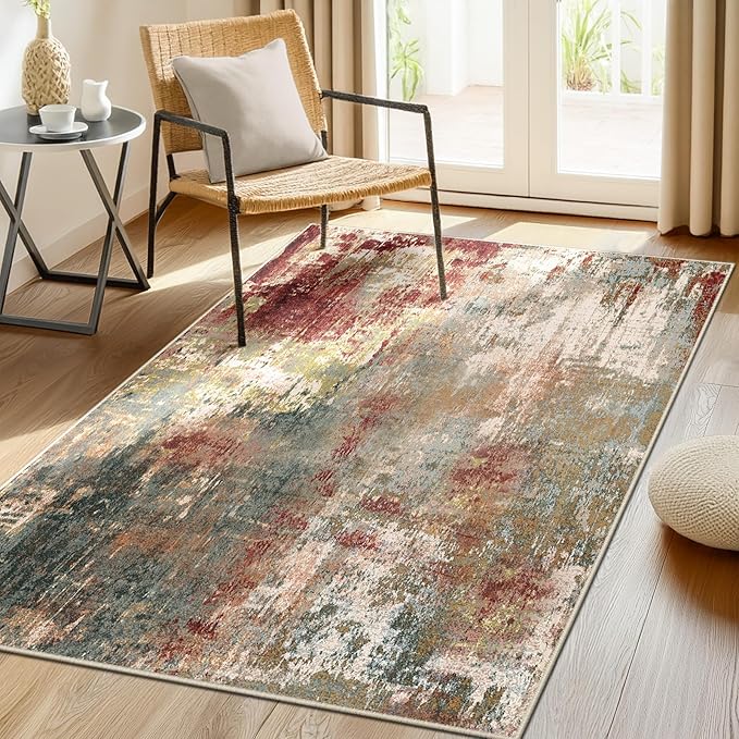 Washable Area Rugs 2'x3' Non-Slip Modern Abstract Soft for Living Room Entryway Bedroom Nursery, Print Pattern, Brown Rust Red Multi