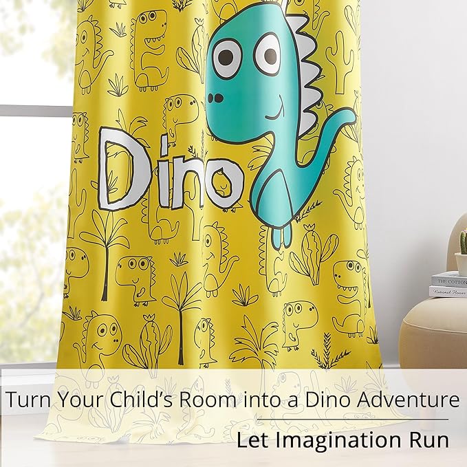 Dinosaur Blackout Curtains for Kids Room - 2 Panels, Each W52×L84, 100% Blackout, Thermal Insulated, Noise Reducing, Perfect for Kids Room and Nersury