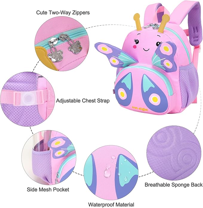 SUN EIGHT Preschool Toddler Backpack for Girls Kids Backpack Cute 3D Cartoon Animal Waterproof Schoolbag for Baby Girl Boy 1-5 Years（Butterfly）