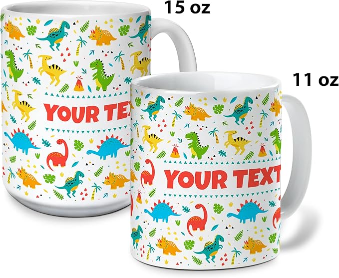 Personalized Mug for Kids - Dinosaurs - Custom Name/Text, Ceramic Hot Chocolate/Cocoa/Coffee Cup for Boys/Girls, Birthday/Christmas/Holiday Gift - 11 oz, Light Blue Handle