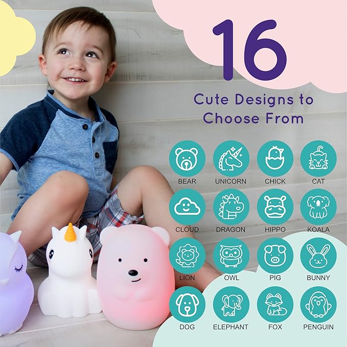 Lumipets Remote Control Silicone Night Light for Kids - Elephant Design with 9 Soft Colors & Sleep Timer - Rechargeable, Battery-Operated Lamp for Bedroom | Baby Nursery, Toddler, Girls, Boys