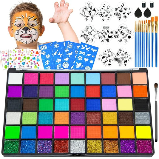 Professional Face Painting Kit for Kids – 54 Color Water Activated Facepaint Makeup Kit, Non-Toxic face Paint with Stencils, Gems, Brushes– for Halloween, Parties, Carnival, School Event & Festivals
