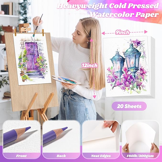 Watercolor Paper 9"x12", Christmas Gifts for Adults Teens Kids, Cold Press Water Color Paper, 140lb/300gsm Loose Art Drawing Paper for Acrylic Paints Markers Pencils Pens Oil Pastels Canvas Painting