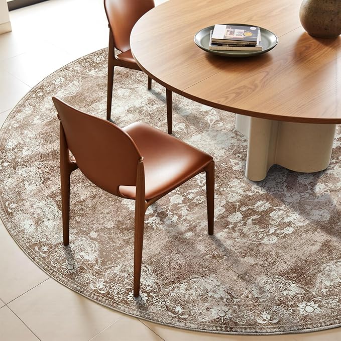 jinchan Round Rug 8ft Area Rug - Brown Vintage Floor Mat Kitchen Indoor - Washable Circle 8' Thin Floral Print Carpet Retro Farmhouse Non Slip Dining Room Living Room Bedroom Office