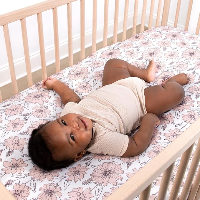 The Peanutshell 4-Pack Fitted Organic Crib Sheet Set - Soft & Breathable Baby Girl or Boy Crib Sheets, 100% Jersey Cotton Nursery Decor, Fit for Standard Mattress Cover- Cottage Floral