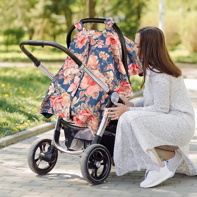 TANOFAR Car Seat Cover Baby, Carseat Covers Baby Boy Girl, Peekaboo Opening Infant Car Seat Cover for Winter, Warm & Cozy, Blue Floral