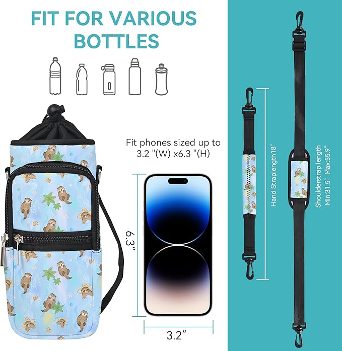 25/32/40/64oz Water Bottle Bag Holder Carrier-Insulated Crossbody Sling Case Sleeve with Strap & Pockets for Men Women Gym Cycling Travel Walking Hiking Camping