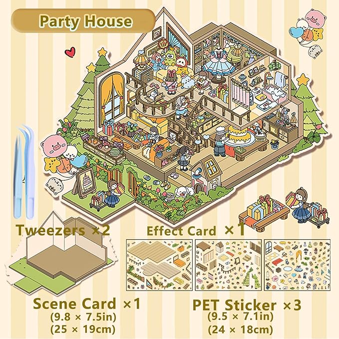 DIY 3D Sticker Scene，Jumbo-Large Party House, Reusable Sticker, Cute Sets for Free Combination, Waterproof for Anywhere, Crafts Party Favors Birthday Gift