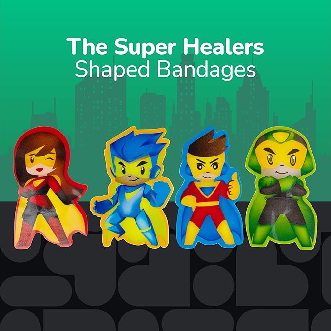 BioSwiss Bandages, Super Healers Superhero Shaped Self Adhesive Bandage, Latex Free Sterile Wound Care, Fun First Aid Kit Supplies for Kids and Adults, 50 Count