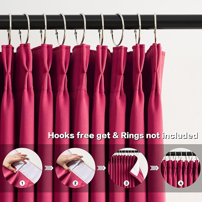 KEQIAOSUOCAI Pinch Pleated Curtains 108 Inches Long, Energy Saving Window Treatment Privacy Drapery for Living Room, Vertical Track System Elegant Hook Panels(Hot Pink, 2 PCs, W40 x L108)