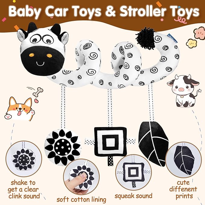 Car Seat Toys for Babies 0-6 Months,Hanging Rattle Toys for Crib Mobile, Baby Spiral Hanging Stroller Black and White High Contrast Toys for Newborn 0 3 6 9 12 Months Baby Boys Girls (Cow)