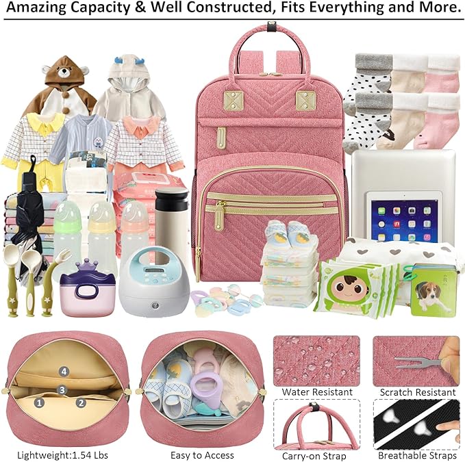 Baby Diaper Bag Backpack Tote for Women Large Capacity with Insulated Pockets Multifunctional Waterproof Diaper Bags For Baby Girl Boy Mama Maternity Travel Bag Pink