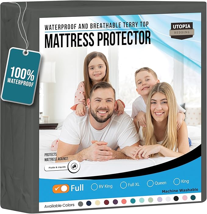 Utopia Bedding Waterproof Mattress Protector Full Size, Premium Terry Mattress Cover 200 GSM, Breathable, Fitted Style with Stretchable Pockets (Gray)