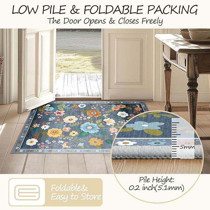 Floral 8ft Area Rug Machine Washable Soft Print Boho Carpet Non Slip Doormat Low Pile Flower Area Rugs for Living Room Bedroom Nursery Kitchen Dining Room Indoor-Blue/Grey