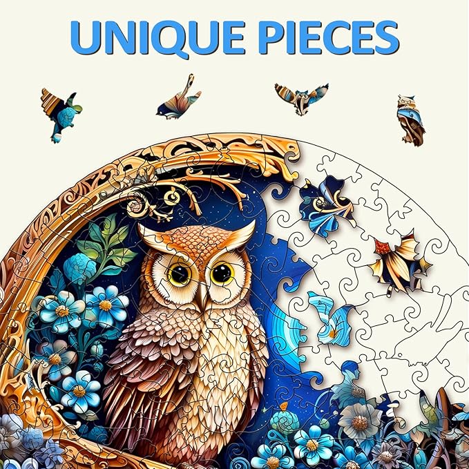 masseruon Wooden Puzzles for Adults-Moonlight Owl, Unique Shaped Jigsaw Puzzles for Adult(M, 190pieces, 11.4x11.4in), Beautiful Animal Shaped Wood Puzzles, Christmas Family Game Birthday Gift