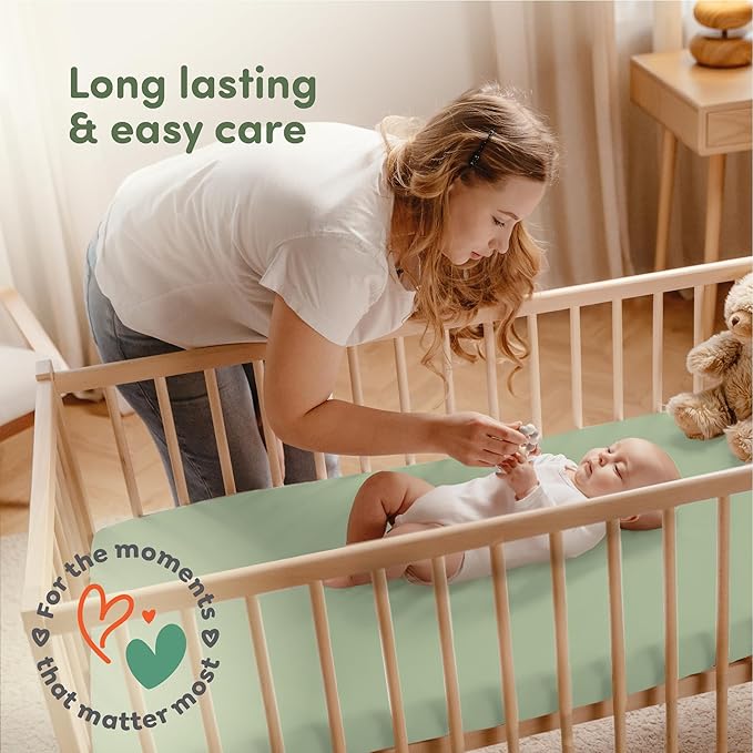 Sweety Fox 2-Pack Cotton Jersey Crib Sheets – Soft Fitted Sheets for Boys and Girls, Mini Crib Sheets, Toddler Bed Sheets (White/Sage)