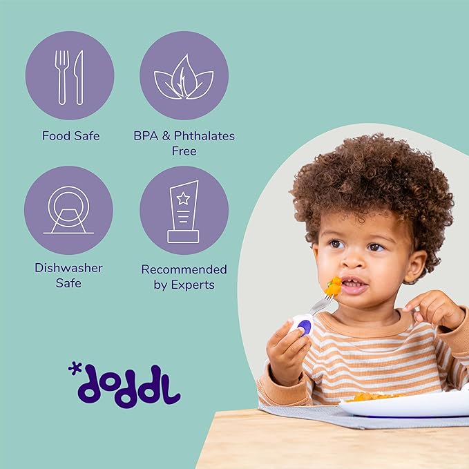 doddl Toddler Utensils, Ergonomic Fork and Spoon Set for Self Feeding, Stainless Steel Silverware for 1-3 Year Olds, BPA Free, Dishwasher Safe (Indigo)