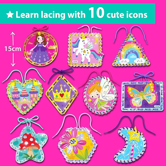 Premium Foil Edge Lacing Cards for Kids Ages 3-6 | 10 Double-Sided Unicorn and Fairy Sewing Cards with Multilingual Learning | Durable Cardboard Fine Motor Skills Activity Kit