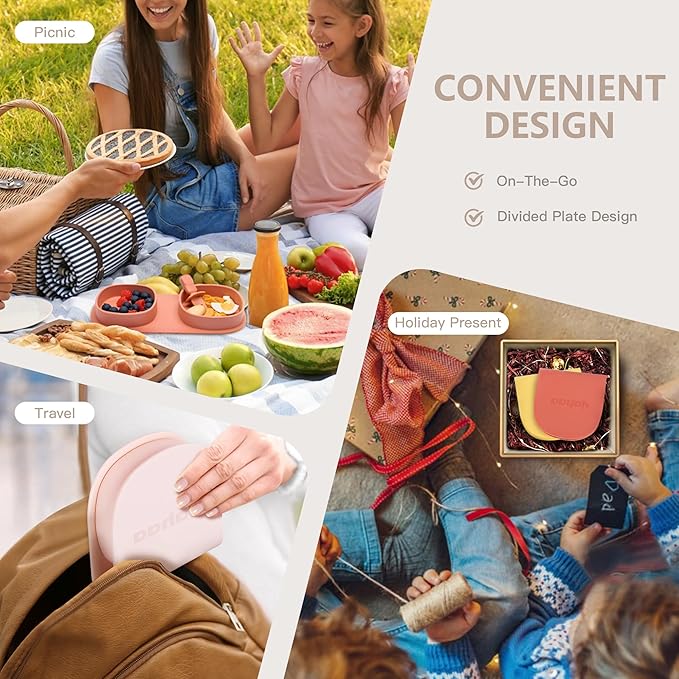 Silicone Foldable Novelty Dinner Plates,Baby Plates Travel Essential with Forks and Spoons,Microwave & Dishwasher Safe,Aqua