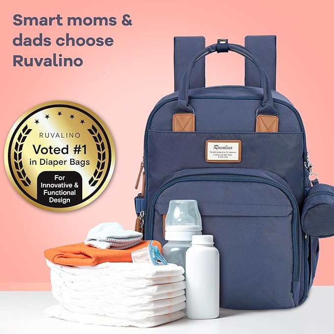 RUVALINO Diaper Bag Backpack, Multifunction Travel Back Pack Maternity Baby Changing Bags, Diaper Changing Totes, Waterproof and Stylish, Navy Blue