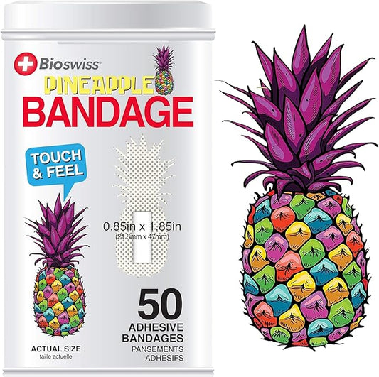 BioSwiss Bandages, Pineapple Shaped Self Adhesive Bandage, Latex Free Sterile Wound Care, Fun First Aid Kit Supplies for Kids, 50 Count