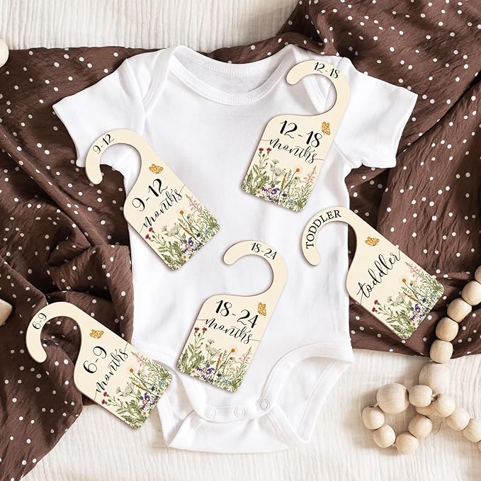 Whaline 8Pcs Wildflower Baby Closet Size Dividers Vintage Floral Leaves Hanging Wood Baby Closet Organizer Newborn to 24 Months Thicken Baby Wardrobe Organizer for Home Nursery