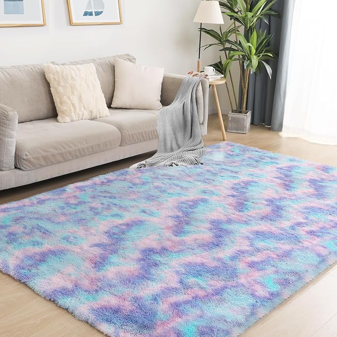 Rainbow Rug for Girls Room, 9x12 Fluffy Area Rugs for Bedroom, Colorful Kids Rug Cute Anti-Skid Indoor Carpet for Nursery, Living Room, Playroom, Home Decor