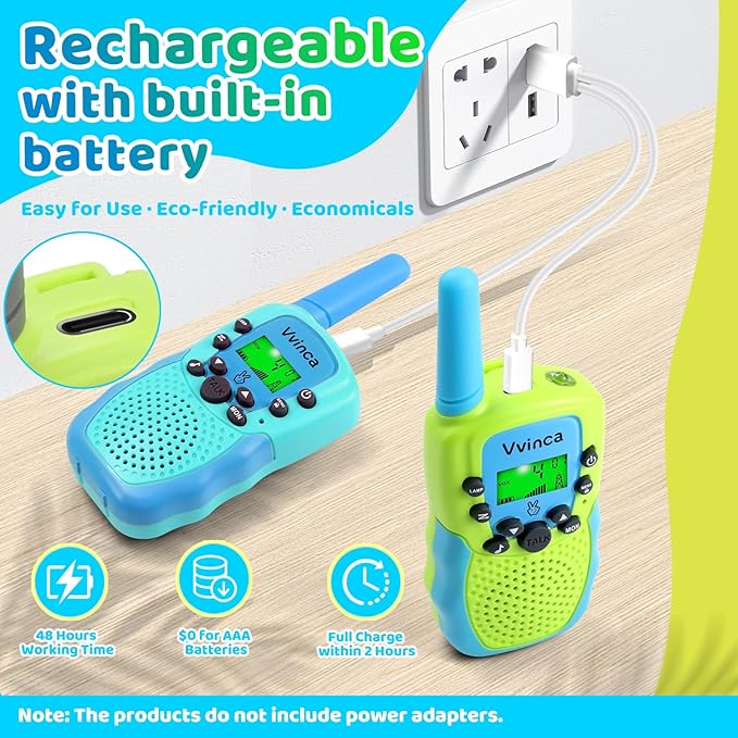 Vvinca Rechargeable Walkie Talkies for Kids 4 Pack, 5-7 Year Old Boy Toys Long Range 22 Channels 2 Way Kids Walkie Talkie with Flashlight for Camping Hiking Indoor Outdoor 3 4 5 6-12 Girl Boy Gift