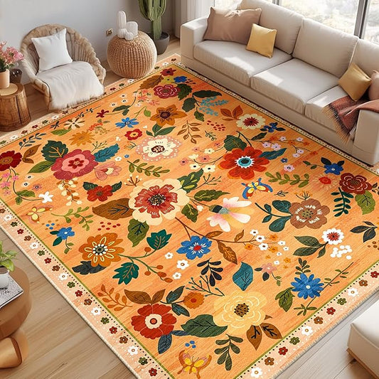 Floral 9x12 Area Rug Machine Washable Soft Print Boho Carpet Non Slip Doormat Low Pile Flower Area Rugs for Living Room Bedroom Nursery Kitchen Dining Room Indoor-Yellow/Orange