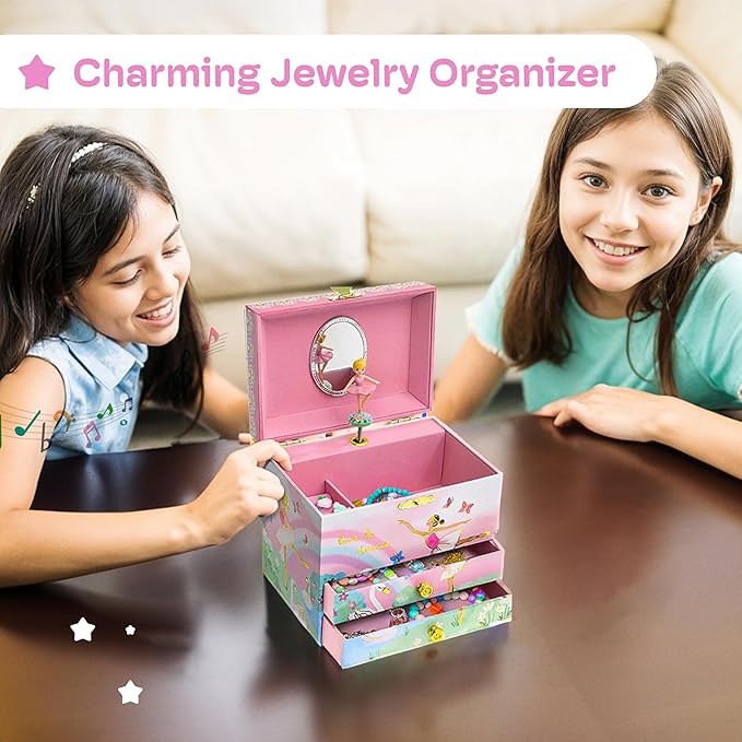 Jewelkeeper Jewelry Box for Girls - Spinning Ballerina Doll to Swan Lake Tune Music Box - Pink Jewelry Boxes for Girls with 2 Drawers - Ideal for Storing Necklaces and Bracelets - 7Lx5Hx6W Inches