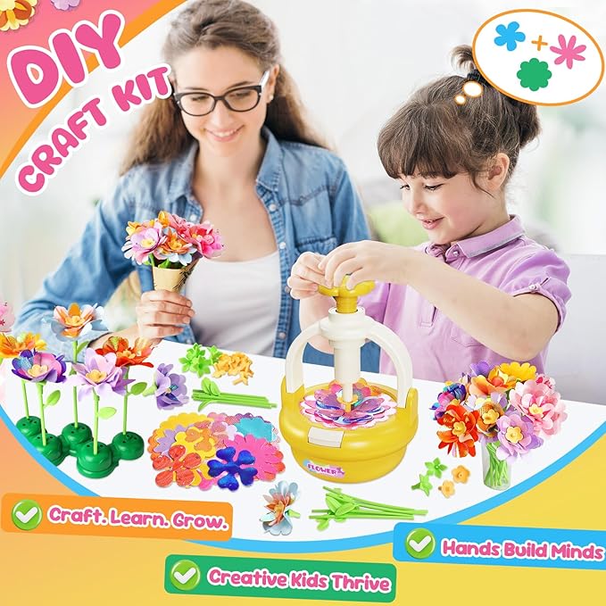 Fabric Flower Bouquets Toys, DIY Flower Making Kit for Kids 4 5 6 7 8 9 10 11 12 Year Old Girl Birthday Christmas Gift, Art and Crafts Kit Flowers Toys for Girls 4-6 6-8 8-12 Year Old (YELLOW)