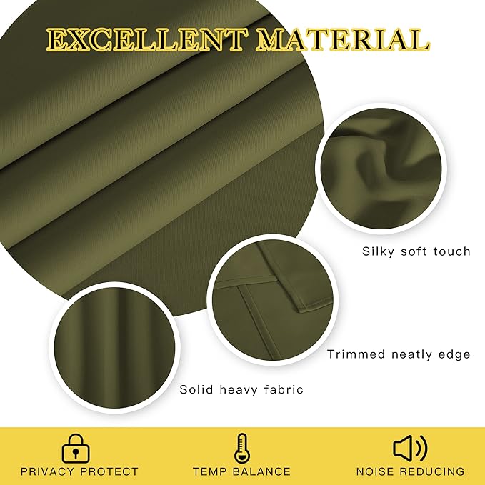 NICETOWN Room Darkening 66 inch Curtains for Bedroom, Grommet Thermal Insulated Room Darkening Window Treatments Voice Reducing for Kids Room, 2 Panels, W66 x L66, Olive
