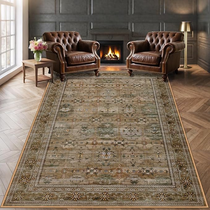 8x10 Washable Area Rug for Living Room, Non Slip Vintage Floral Print Rugs No Shedding, Distressed Thin Retro Accent Carpet for Bedroom Nursery Farmhouse Dining Room Olive/Charcoal
