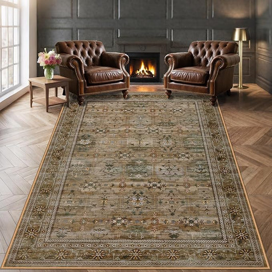 8x10 Washable Area Rug for Living Room, Non Slip Vintage Floral Print Rugs No Shedding, Distressed Thin Retro Accent Carpet for Bedroom Nursery Farmhouse Dining Room Olive/Charcoal