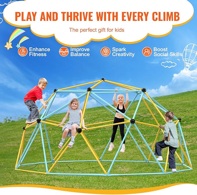 VEVOR Climbing Dome, 10FT Geometric Dome Climber Play Center for Kids 3 to 10 Years Old, Jungle Gym Supports 750LBS and Easy Assembly, with Climbing Grip, Outdoor Backyard Play Equipment for Kids
