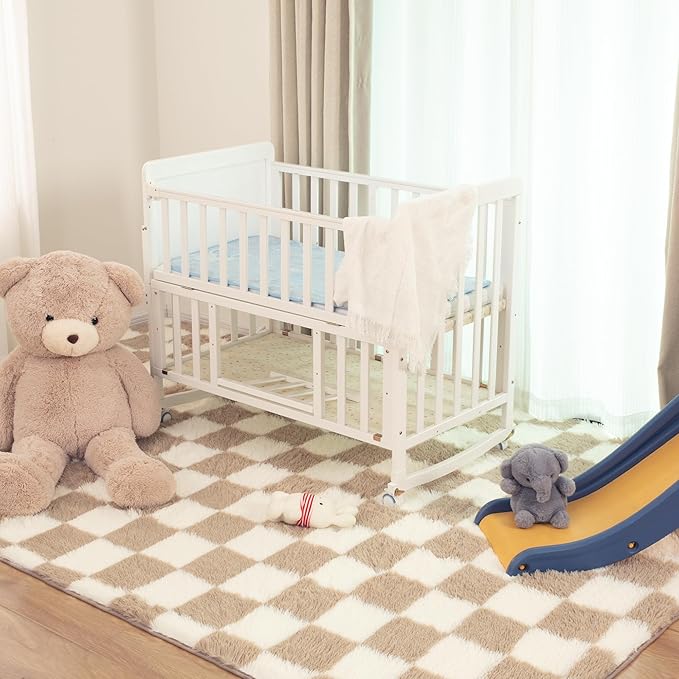 Super Soft Rug for Bedroom, 6x9 Ft Beige and White Area Rug Classic Checkered Shaggy Anti-Skid High Pile Soft Fluffy Rug Fuzzy Carpet for Living Room Bedroom Kids Room Nursery, Dorm Home Decor