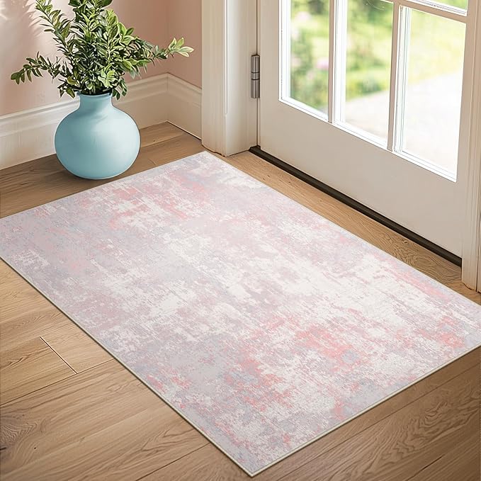 Washable Area Rugs 2'x3' Non-Slip Modern Abstract Soft for Living Room Entryway Bedroom Nursery, Print Pattern, Grey Pink