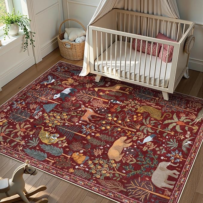 OJIA Jungle Print Washable Area Rugs 5x7, Soft Rugs for Living Room Ultra-Thin Non-Shedding Modern Bedroom Rug, Stain Resistant Throw Rug Large Carpet for Kids Nursery Dining Room, Red