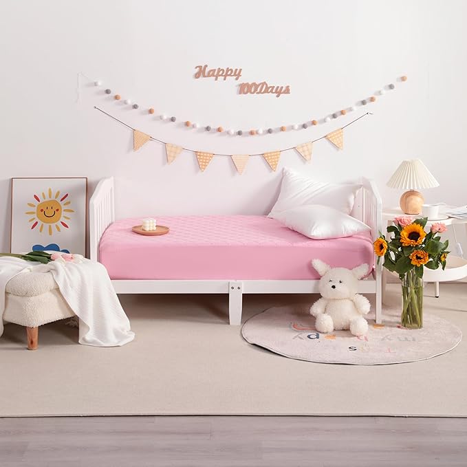 NTBAY 2 Pack Waterproof Crib Mattress Protector, Quilted 28"x52" Toddler Fitted Sheet - Machine Washable - Soft and Breathable Mattress Pad Cover for Crib, Nursery, Daycare, Cot, Pink