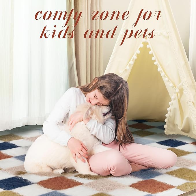 Super Soft Rug for Bedroom, 6x9 Ft Rainbow Area Rug Classic Checkered Shaggy Rug Anti-Skid High Pile Soft Fluffy Fuzzy Carpet for Living Room Bedroom Kids Room Nursery, Dorm Home Decor