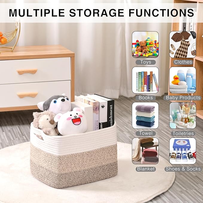 Storage Baskets for Organizing Shelves, Woven Cotton Rope Bins for Baby Nursery Organization, Book Toy Towel Organizer, 15"x11"x9.5", 3 Packs, Gradient Brown