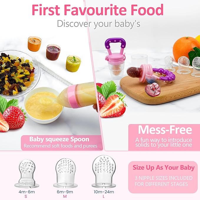 WAJIAYON Baby Fruit Feeder Pacifier - 5 Pack | 2 Mesh Infant Food Feeder Pacifier & 1 Baby Food Dispensing Spoon | Fresh Fruit Teethers for Babies |Shower Gifts for Boys and Girls (Pink & Green)