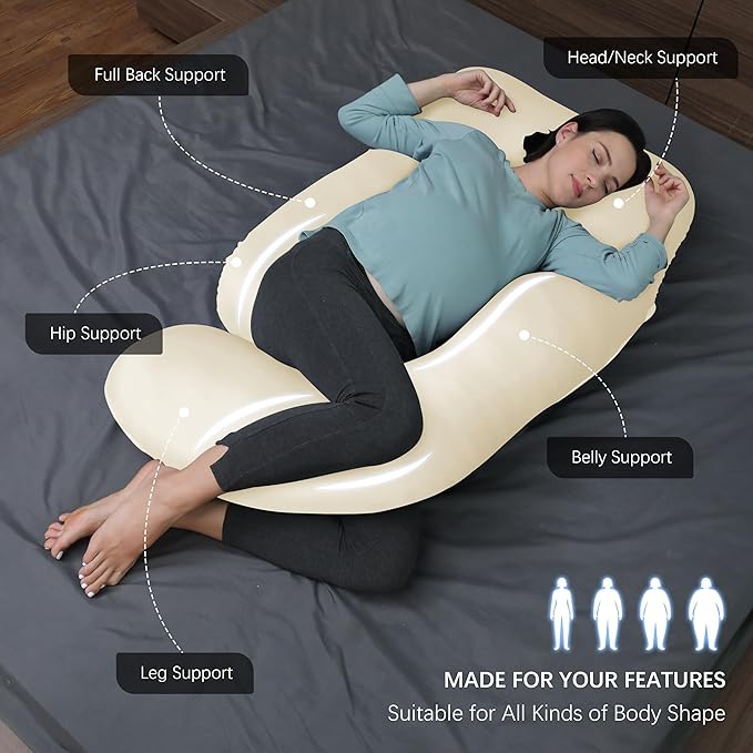 MOON PARK Pregnancy Pillows for Sleeping - U Shaped Full Body Maternity Pillow with Removable Cover - Support for Back, Legs, Belly, HIPS - 65 Inch - Ivory - Cooling Cover
