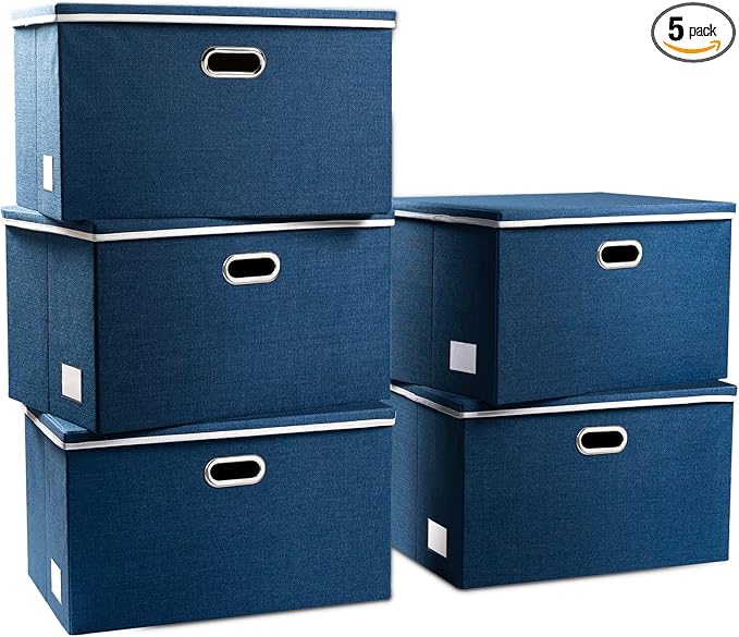 PRANDOM Extra Large Collapsible Storage Bins with Lids [5-Pack] Linen Fabric Foldable Storage Baskets Boxes Organizer Containers Cube with Cover for Bedroom Closet Office Nursery (22.8x15.75x13.8)
