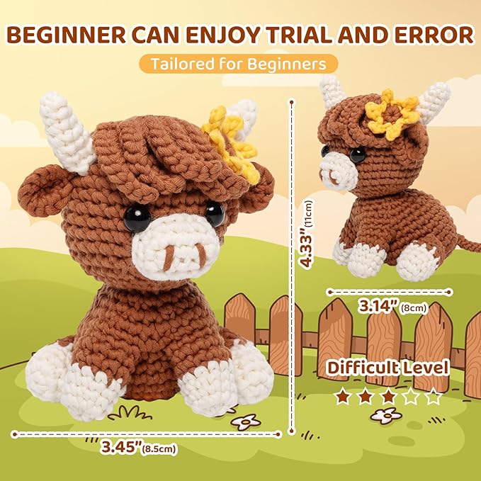 Mewaii Crochet Kit for Beginners Level 3 with 40% Extra Eco-Friendly Pre-Started Easy Yarn, Step-by-Step Video Tutorials for Adults and Kids (Highland Cow)