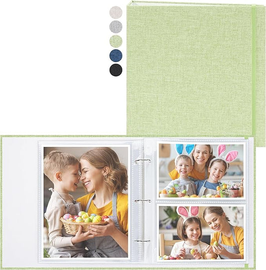 Vienrose Linen 3-Ring Photo Album Holds 190 Photos, 160 4x6 Photos and 30 6x8 Pictures, Picture Album with Multiple Size Pockets, Memory Book for Family Wedding Anniversary Baby, Green