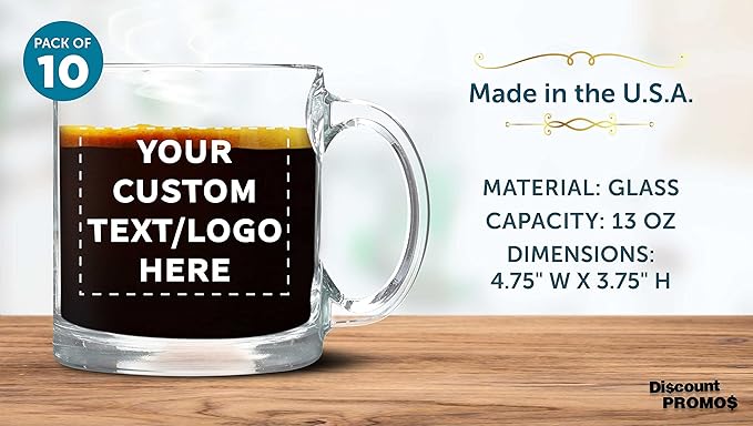 Custom Libbey Clear Glass Coffee Mugs 13 oz. Set of 10, Personalized Bulk Pack - Perfect for Coffee, Tea, Espresso, Hot Cocoa, Other Beverages - Clear Bottom