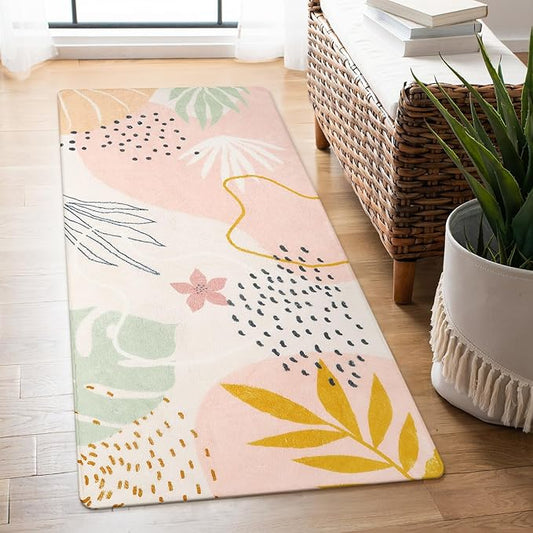 Lahome Washable Runner Rug for Hallway - 2x4 Non-Slip Throw Soft Bathroom Rug Runner Lightweight Pink Kitchen Mat, Boho Botanical Print Indoor Carpet Runner for Entrance Bedroom Laundry Living Room