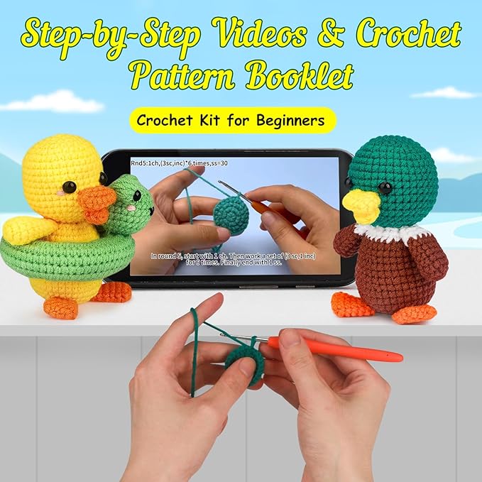 ekaus Crochet Kit for Beginners, Crochet Kit with Step-by-Step Video Tutorials, Crochet DIY Knitting Supplies for Adults Kids, Crochet Ducks(45%+ Yarn)